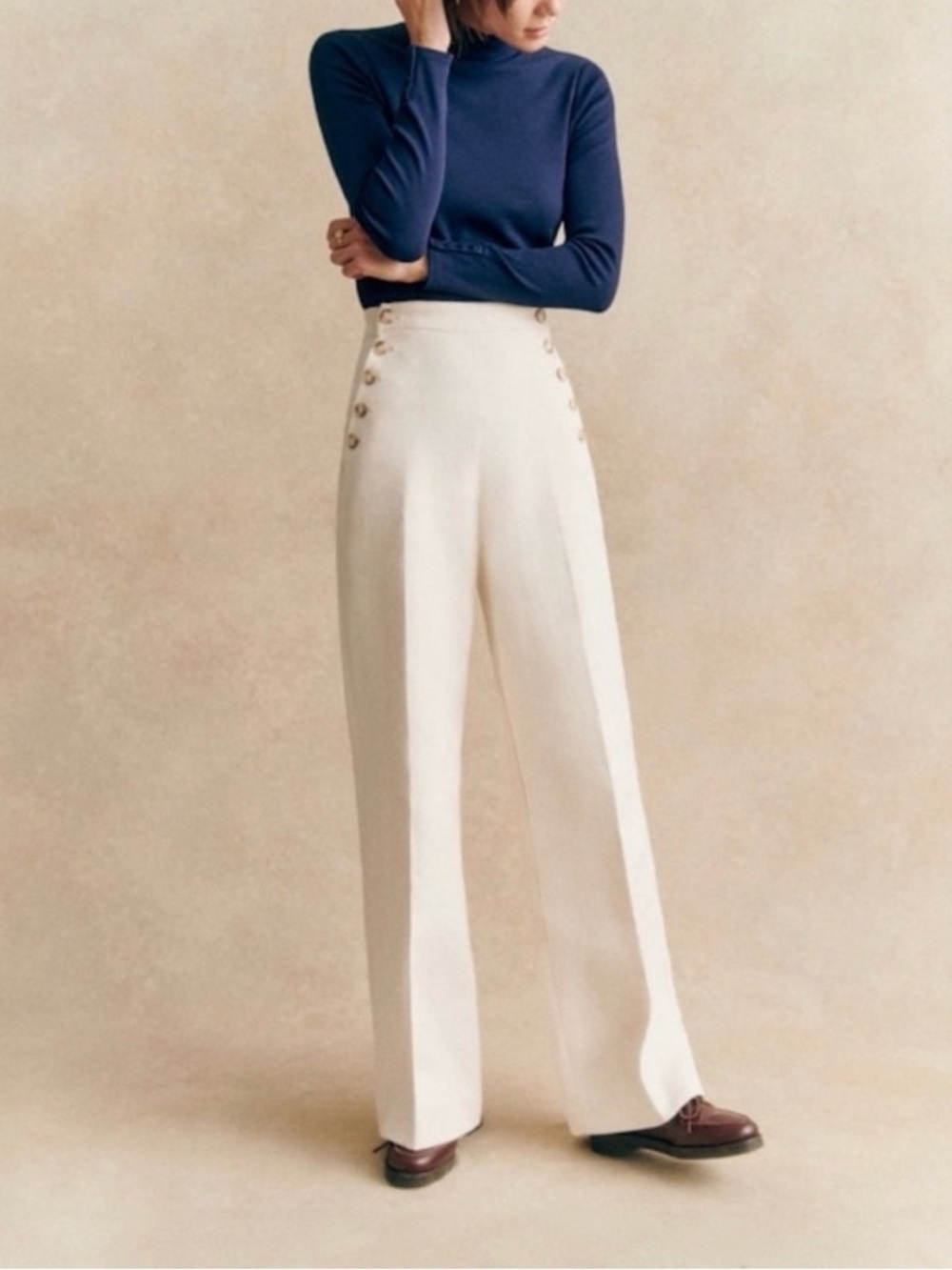 Sezane Wide Leg High-Waist Cream Trousers with Button Detail